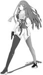  ass bodysuit boots from_behind greyscale ken_marinaris long_hair looking_at_viewer looking_back monochrome shadow simple_background solo thigh_boots thighhighs very_long_hair white_background yosimura zone_of_the_enders zone_of_the_enders_2 