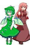  :d :o bad_id bad_pixiv_id bird_wings black_legwear blue_eyes blush breasts color_switch detached_sleeves dress frog_hair_ornament green_hair hair_ornament hair_tubes katsumi5o kochiya_sanae long_hair medium_breasts multiple_girls mystia_lorelei open_mouth pantyhose pigeon-toed pink_hair sarashi short_hair smile touhou triangle_mouth winged_hat wings 