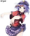  blue_eyes blue_hair hat jiangshi looking_at_viewer miyako_yoshika ofuda open_mouth outstretched_arms shirt short_hair short_sleeves simple_background skirt solo star touhou twitter_username upskirt white_background wowoguni zombie_pose 
