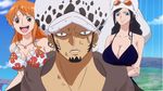  bikini breasts cleavage female huge_breasts large_breasts long_hair nami nico_robin one_piece orange_hair tight_clothes trafalgar_law 