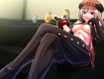  alisa_ilinichina_amiella bare_shoulders black_footwear black_gloves black_legwear blue_eyes boots breasts chozuru cleavage crossed_legs fingerless_gloves gloves god_eater god_eater_2:_rage_burst god_eater_burst hat large_breasts open_clothes open_shirt pantyhose shirt silver_hair sitting skirt suspender_skirt suspenders thigh_boots thighhighs underboob 