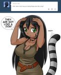  animal_ears anthro big_breasts black_hair black_stripes breasts caribbean_blue cat cat_ears cat_tail cleavage clothed clothing facial_markings feline female green_eyes hair human kimi long_hair mammal markings nekonny open_mouth solo stripes 