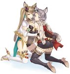  animal_ears ass backless_outfit bare_back black_footwear black_legwear blue_eyes boots breast_press breasts brown_hair cape capelet cleavage detached_sleeves erune granblue_fantasy grey_hair hair_ornament high_heels highres kou_(garakuta_teikoku) long_hair looking_at_viewer looking_back medium_breasts metera_(granblue_fantasy) miniskirt mole mole_under_mouth multiple_girls quiver short_hair siblings side_cutout sisters skirt sutera_(granblue_fantasy) symmetrical_docking thigh_boots thighhighs twintails white_footwear white_legwear zettai_ryouiki 