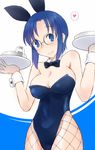  blue_eyes blue_hair brown_hair bunnysuit ciel detached_collar fishnet_pantyhose fishnets glasses katatsuka_kouji md5_mismatch pantyhose short_hair solo tray tsukihime wrist_cuffs 