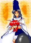  1girl capelet commentary_request grey_hair hair_ornament hat hetero japanese_clothes narunomoto red_eyes red_hair shingyoku shingyoku_(male) tate_eboshi touhou touhou_(pc-98) wide_sleeves 