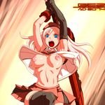  alisa_ilinichina_amiella attack boots breasts damedungeon god_eater god_eater_2:_rage_burst large_breasts long_hair nipples open_clothes open_shirt shirt shirt_lift shouting solo thigh_boots thighhighs 