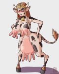  2018 alternate_species anthro big_breasts blush bovine breasts brown_hair cattle collar cowbell female hair hand_on_butt hooves horn implied_transformation long_hair mammal navel nintendo nipples nude princess_zelda simple_background solo standing teats the_legend_of_zelda thetransformtentacle udder_breasts udders video_games wide_hips worried 