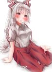  absurdres bad_id bad_pixiv_id bare_shoulders barefoot blush bow fujiwara_no_mokou hair_bow highres hime_cut long_hair looking_at_viewer pants red_eyes shiromoru_(yozakura_rety) shirt short_sleeves silver_hair sitting solo strap_slip suspenders touhou tress very_long_hair yokozuwari 