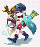  aerospray_(splatoon) akira_hou bad_id bad_twitter_id baseball_cap baseball_uniform bike_shorts blue_hair copyright_name domino_mask hat hood hoodie inkling inkstrike_(splatoon) long_hair long_sleeves mask monster_girl paint pointy_ears purple_eyes solo splatoon_(series) splatoon_1 sportswear squid tentacle_hair torpedo walking 