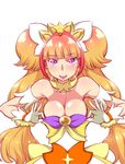  absurdres amanogawa_kirara bow breasts brooch cleavage cure_twinkle gloves go!_princess_precure highres jewelry large_breasts long_hair low-tied_long_hair magical_girl momeron multicolored_hair naughty_face orange_hair precure purple_eyes quad_tails red_hair shiny shiny_skin solo streaked_hair tongue tongue_out twintails two-tone_hair white_background white_gloves 
