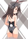  a-ktoo animal_ears ass black_hair bunny_ears bunny_tail bunnysuit detached_collar from_behind highres long_hair looking_back original red_eyes tail thighhighs wrist_cuffs 