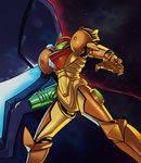  arm_cannon dark_samus from_below highres metroid power_armor projected_inset samus_aran sky solo space splashbrush star_(sky) starry_sky varia_suit weapon 