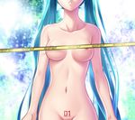  aqua_hair bad_id bad_pixiv_id breasts caution_tape censored character_name groin hatsune_miku head_out_of_frame highres keep_out long_hair medium_breasts navel nipples nude pointless_censoring pussy_peek silence solo tattoo twintails very_long_hair vocaloid 