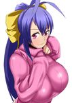  antenna_hair asortofcolorfag blazblue blazblue_remix_heart blue_hair blush bow breasts genderswap genderswap_(mtf) hair_bow highres huge_breasts impossible_clothes impossible_sweater long_hair looking_at_viewer mai_natsume maydrawfag pink_shirt ponytail red_eyes ribbed_sweater ribbon shirt smile solo sweater turtleneck upper_body white_background yellow_bow 