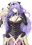  :d armor bad_id bad_pixiv_id bangs bikini_bottom black_armor blonde_hair blush blush_stickers breasts bustier camilla_(fire_emblem_if) cleavage cowboy_shot echizen_(hvcv) elise_(fire_emblem_if) fire_emblem fire_emblem_if gloves hair_over_one_eye hair_ribbon hair_tousle hand_on_hip large_breasts light_smile lipstick long_hair looking_at_viewer makeup multiple_girls o_o open_mouth purple_eyes purple_gloves purple_hair ribbon simple_background smile swept_bangs thigh_gap tiara vambraces white_background 