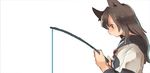  animal_ears brooch brown_eyes brown_hair fishing fishing_rod imaizumi_kagerou jewelry layered_clothing long_hair long_sleeves no_mouth profile short_over_long_sleeves short_sleeves shukinuko simple_background solo touhou white_background wolf_ears 