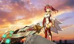  armor bangs breasts building cityscape cleavage cleavage_cutout cloud covered_navel elbow_gloves frills full_body gauntlets gears glint gloves gorget greaves highres holding holding_weapon huge_weapon kyoubashi_amane leotard light_smile long_hair looking_at_viewer medium_breasts neon_trim outdoors red_eyes red_hair red_legwear ruins school_girl_strikers shiny shirihime sky skyscraper smile solo standing sun sunset thighhighs tiara twintails weapon wind 