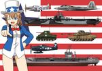  aircraft aircraft_carrier airplane america bottomless bow bowtie caterpillar_tracks charlotte_e_yeager commentary_request f-22_raptor f6f_hellcat flag_background ground_vehicle hand_on_hip hat highres hoshino_banchou jet m1_abrams m4_sherman main_battle_tank medium_tank military military_vehicle motor_vehicle no_pants one_eye_closed p-51_mustang panties pointing pointing_at_viewer propeller ship standing star strike_witches tank top_hat turret underwear uss_essex_(cv-9) uss_nimitz warship watercraft world_witches_series 