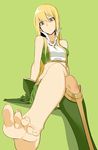  arm_support bad_id bad_pixiv_id barefoot blonde_hair boots crop_top crossed_legs curious feet gloves green_background green_footwear green_gloves green_shirt highres koko_shiguma long_hair looking_at_viewer midriff original pov_feet shirt simple_background single_boot soles solo toenails toes wiggling_toes yellow_eyes 