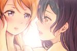  ayase_eli black_hair blonde_hair blue_eyes blush eye_contact highres long_hair looking_at_another love_live! love_live!_school_idol_project multiple_girls open_mouth parted_lips sonoda_umi suito yellow_eyes yuri 