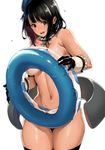  ascot aya_shachou bad_id bad_twitter_id bikini_tan black_gloves black_hair blush breasts colorized cowboy_shot embarrassed gloves goshiki_suzu hat innertube kantai_collection large_breasts looking_at_viewer nude open_mouth red_eyes short_hair solo takao_(kantai_collection) tan tanline thick_thighs thighhighs thighs topless underboob white_background 