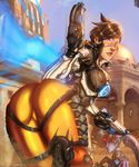  ass blood blush bodysuit breasts brown_hair covered_nipples downscaled dual_wielding goggles gun handgun head_mounted_display highres holding large_breasts lips looking_at_viewer looking_back md5_mismatch multiple_girls nosebleed orange_bodysuit overwatch pistol ponytail purple_hair purple_skin resized short_hair thighs tracer_(overwatch) ultamisia union_jack weapon widowmaker_(overwatch) yellow_eyes 