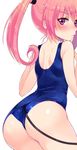  ass blush cowboy_shot demon_tail from_behind long_hair looking_at_viewer mirei nana_asta_deviluke one-piece_swimsuit purple_eyes school_swimsuit simple_background solo swimsuit tail to_love-ru twintails white_background 
