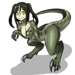  charlie_(jurassic_park) claws dinosaur_girl dinosaur_tail dr._omonemushi fang flat_chest full_body green_hair jurassic_park jurassic_world monster_girl personification shadow simple_background slit_pupils smile solo tail twintails velociraptor white_background yellow_eyes 