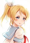  ayase_eli blonde_hair blue_eyes frown hair_ribbon long_hair looking_at_viewer love_live! love_live!_school_idol_project neckerchief parted_lips ponytail ribbon school_uniform serafuku short_sleeves simple_background solo suito upper_body white_background 
