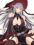  arm_support bad_id bad_pixiv_id bare_shoulders belt between_breasts breasts detached_sleeves dress garter_straps granblue_fantasy hat huge_breasts jpeg_artifacts long_hair looking_at_viewer magisa_(granblue_fantasy) pelvic_curtain pinstripe_pattern red_eyes silver_hair sitting smile solo striped takemura_makoto_(hakushikei) thighhighs witch_hat 