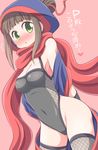  arms_behind_back bare_shoulders blush brown_hair celebi_ryousangata covered_navel fishnets green_eyes hair_bun hamaguchi_ayame idolmaster idolmaster_cinderella_girls leotard open_mouth red_scarf scarf sidelocks solo thighhighs 