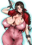  aerith_gainsborough akikusa_peperon areola_slip areolae blush breasts brown_hair collarbone covered_navel erect_nipples female final_fantasy final_fantasy_vii gradient gradient_background green_eyes huge_breasts long_hair looking_at_viewer puffy_nipples shiny_skin shirt smile solo staff standing weapon wide_hips 