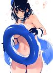  black_hair blush breasts gloves goshiki_suzu hat innertube kantai_collection large_breasts open_mouth red_eyes short_hair solo takao_(kantai_collection) thighhighs topless 