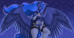  2015 absurd_res anthro anthrofied blue_eyes blue_fur blue_hair breasts clothing cutie_mark equine female friendship_is_magic fur garter garter_belt gloves hair hi_res horn itsuko103 legwear lingerie long_hair mammal my_little_pony navel nipples princess_luna_(mlp) pussy solo spread_wings stockings winged_unicorn wings 