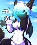  anthro bikini blue_hair blush breasts cetacean cleavage clothed clothing dragon embarrassed facepalm female hair hybrid mammal marine multicolored_hair orca penelope rainbowscreen solo swimsuit two_tone_hair waving whale wings 