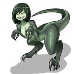  :d claws delta_(jurassic_park) dinosaur_girl dinosaur_tail dr._omonemushi flat_chest full_body green_hair jurassic_park jurassic_world monster_girl open_mouth personification shadow sharp_teeth simple_background slit_pupils smile solo tail teeth velociraptor white_background yellow_eyes 
