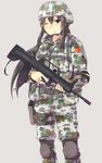  1girl assault_rifle ayyh black_eyes black_hair bullpen camouflage character_request chin_strap copyright_request female gun helmet knee_pads long_hair md5_mismatch one_eye_closed people&#039;s_republic_of_china_flag people's_republic_of_china_flag pistol resized rifle simple_background solo thigh_holster trigger_discipline weapon wink 