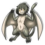  claws dimorphodon dinosaur_girl dinosaur_tail dr._omonemushi flat_chest full_body grey_hair grin jurassic_park jurassic_world monster_girl navel personification pterosaur sharp_teeth simple_background smile solo tail teeth white_background wings yellow_eyes 