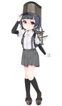  arare_(kantai_collection) arm_warmers black_hair black_legwear full_body hat hat_tug kantai_collection kneehighs light_brown_eyes machinery mizuno_monaka pleated_skirt school_uniform short_hair skirt solo standing suspenders white_background 