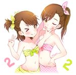  &gt;_o ;) ;q arm_up bandeau bare_shoulders breasts brown_eyes brown_hair cleavage fingersmile futami_ami futami_mami hand_on_hip idolmaster idolmaster_(classic) looking_at_viewer mirei multiple_girls navel one_eye_closed polka_dot sarong siblings side_ponytail sisters small_breasts smile tongue tongue_out v 