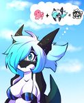  anthro bikini blue_hair blush breasts cephalopod cetacean cleavage clothed clothing cyan_eyes dragon female freckles hair hybrid mammal marine multicolored_hair octopus orca penelope rainbowscreen smirk solo swimsuit thought_bubble whale wings 