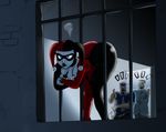  angry blue_eyes butt chochi colored crossed_arms cuffs dc_comics female handcuffs harlequin harley_quinn human laugh lipstick male mammal mask not_furry police prison shackles stuck wide_hips 
