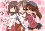  assisted_exposure brown_eyes brown_hair hat headband japanese_clothes kantai_collection long_hair mitsudoue multiple_girls one_eye_closed onmyouji ponytail ryuujou_(kantai_collection) shikigami shirt_lift short_hair smile taihou_(kantai_collection) twintails visor_cap zuihou_(kantai_collection) 