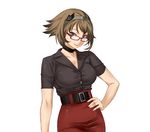  alternate_costume black_eyes breasts brown_hair choker glasses hairband highres kantai_collection large_breasts looking_at_viewer md5_mismatch mutsu_(kantai_collection) office_lady red-framed_eyewear short_hair short_sleeves shoumaru_(gadget_box) simple_background smile solo standing white_background 