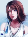  blue_eyes blurry brown_hair character_name detached_sleeves final_fantasy final_fantasy_x gradient gradient_background green_eyes hair_ornament heterochromia highres jewelry necklace rin2010 short_hair signature smile solo yuna_(ff10) 