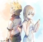  1boy 1girl blonde_hair blue_eyes breasts commentary_request dress kingdom_hearts kingdom_hearts_ii medium_hair namine nanpou_(nanpou0021) roxas white_background white_dress 