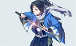  black_hair blue_eyes blurry hakama hand_on_sword haori highres japanese_clothes jewelry katana long_hair male_focus ponytail ring scarf shinsengumi shiny shiyi_(kichiku19) solo sword touken_ranbu weapon yamato-no-kami_yasusada 