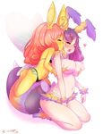  born-to-die breasts deep_skin face_licking fur grabbing grabbing_from_behind heart highres insect_girl large_breasts licking looking_at_another monster_girl multiple_girls open_mouth original purple_hair red_eyes red_hair seiza sitting straddling yuri 