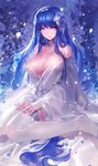  bangs bare_shoulders between_breasts blue_hair breasts bridal_gauntlets choker cleavage covered_nipples dress flower gloves hair_flower hair_ornament hands_on_lap highres kishiyo large_breasts long_hair long_sleeves looking_at_viewer mole mole_on_breast mole_under_eye no_bra no_shoes off_shoulder orange_eyes original red_eyes revision sitting solo thighhighs very_long_hair wariza white_dress white_legwear wide_sleeves wisteria zettai_ryouiki 