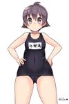  :&lt; blush cameltoe closed_mouth collarbone covered_navel cowboy_shot dated hands_on_hips highres kantai_collection kuro_chairo_no_neko looking_at_viewer name_tag old_school_swimsuit one-piece_swimsuit paw_print purple_eyes purple_hair sakawa_(kantai_collection) school_swimsuit short_hair simple_background solo swimsuit twitter_username v-shaped_eyebrows white_background 
